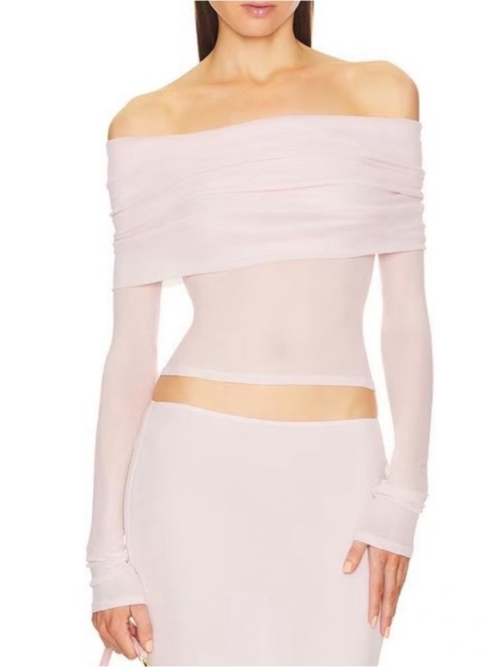 Helsa Sheer Knit Off The Shoulder Top Ballet Pink